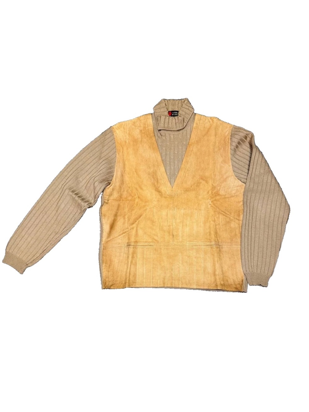 The Man At Ease Vintage Suede Leather Knit Sweater Wool Tan Pullover Mens Size M